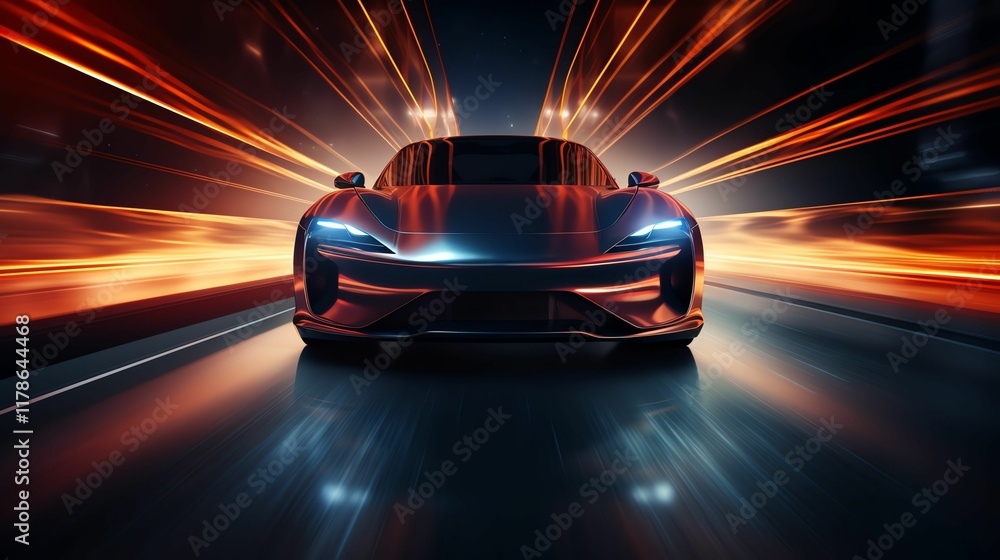 Naklejka premium A futuristic car surged forward with dynamic light trails, showcasing speed and innovation. The sharp design and advanced technology embody modern automotive excellence.