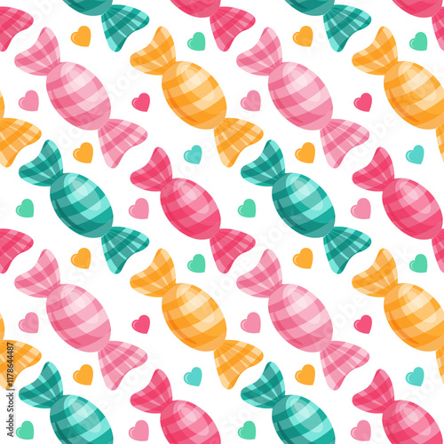 A festive seamless pattern of colorful candies and hearts. For celebrations and special occasions. Endless texture. Vector illustration.