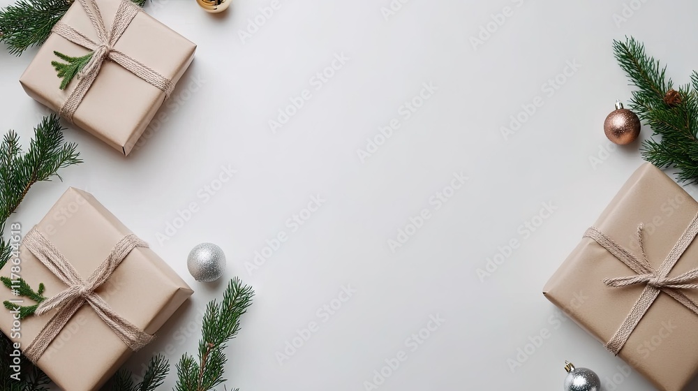 Christmas flat lay scene with neatly wrapped presents, fir branches, and shiny baubles, leaving ample space for adding text or showcasing products Christmas flat lay scene with neatly wrapped presents, fir branches, and shiny baubles, leaving ample space for adding text or showcasing products
