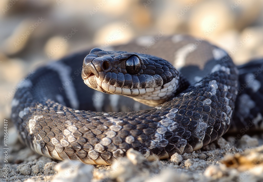 Detailed Close-Up of a Beautiful Black and White Patterned Snake on Sandy Ground with Soft Focus Background Highlighting its Scales and Distinct Features Detailed Close-Up of a Beautiful Black and White Patterned Snake on Sandy Ground with Soft Focus Background Highlighting its Scales and Distinct Features