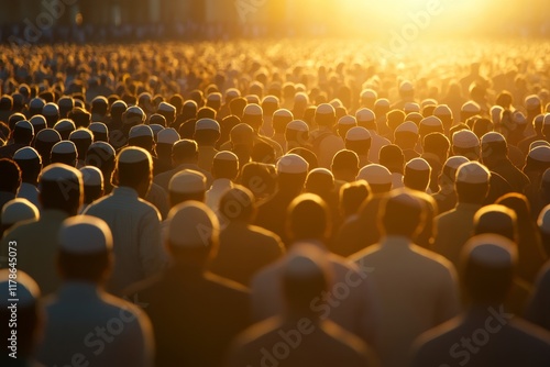 Congregational Prayer at Mosque During Ramadan with Golden Sunlight