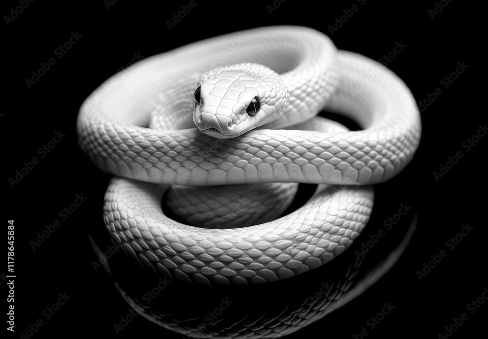 Fototapeta premium Elegant White Snake Coiled Gracefully on a Glossy Surface Against a Black Background, Captivating Texture and Detail Highlighted in Monochrome