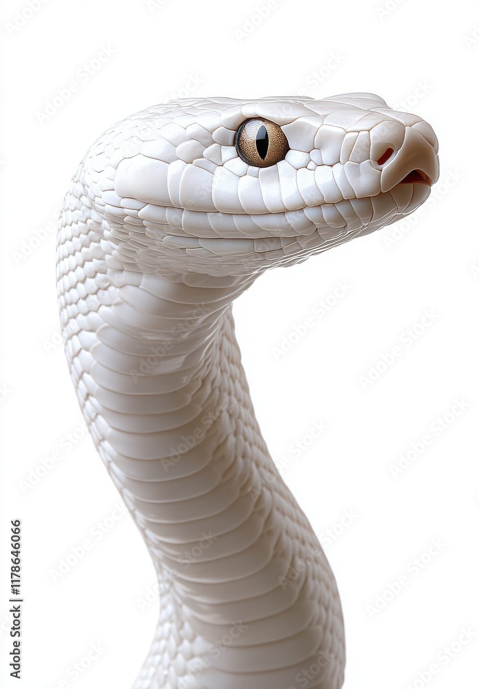 Fototapeta premium Elegant White Snake Sculpture Showcasing Smooth Scales, Captivating Eyes, and Serpentine Form Against a Minimalist White Background