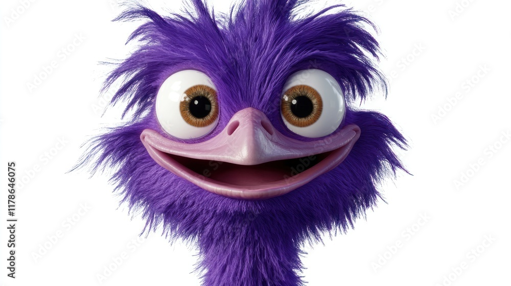 A cheerful purple puppet resembling an ostrich with large eyes and a friendly smile. A cheerful purple puppet resembling an ostrich with large eyes and a friendly smile.