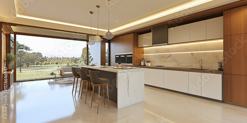 Luxuriöse Küche, weiße Eiche, weiße und graue Farben, mattes und erdiges Gefühl, minimalistisches indisches Design