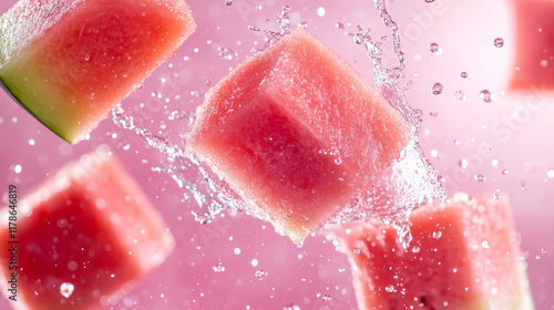 beautiful, Watermelon cubes floating in the air, pink background, water droplets splashing around, close-up, macro photography, commercial advertising style, high resolution, professional studio ligh photo