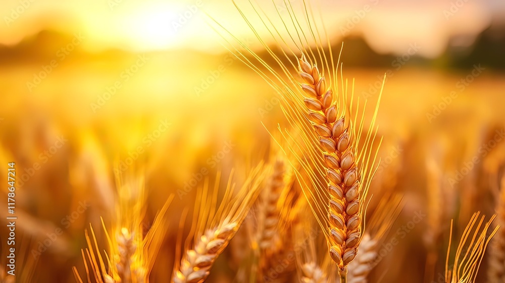 Golden wheat field at sunset, close-up view of ripe ears of grain. Golden wheat field at sunset, close-up view of ripe ears of grain.