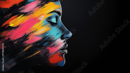 Black background, head portrait of an androgynous man with white paint brush strokes on his face, artistic, beautiful paint brush strokes on the skin