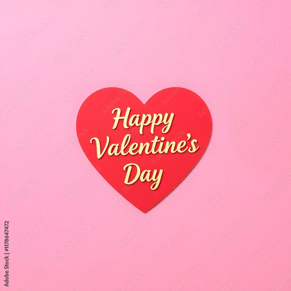 Pink background image, with a red heart shape. There is a golden Happy Valentine's Day