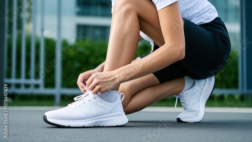 Female runner tying her shoes preparing for a jog