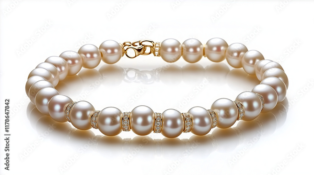 Elegant Pearl Necklace Double Loop Design with Golden Spacers on White Background Elegant Pearl Necklace Double Loop Design with Golden Spacers on White Background