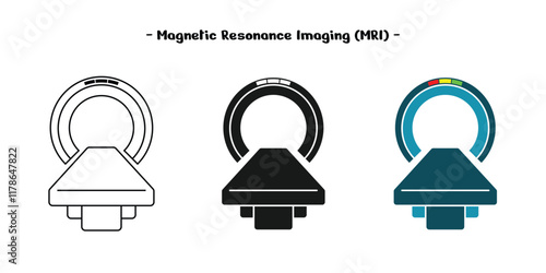 magnetic resonance imaging set design, medical diagnostic equipment, available outline, solid and colored, editable vector eps 10.