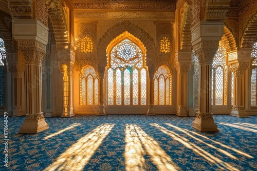 Golden Sunlight Streaming Through Ornate Mosque Windows During Ramadan