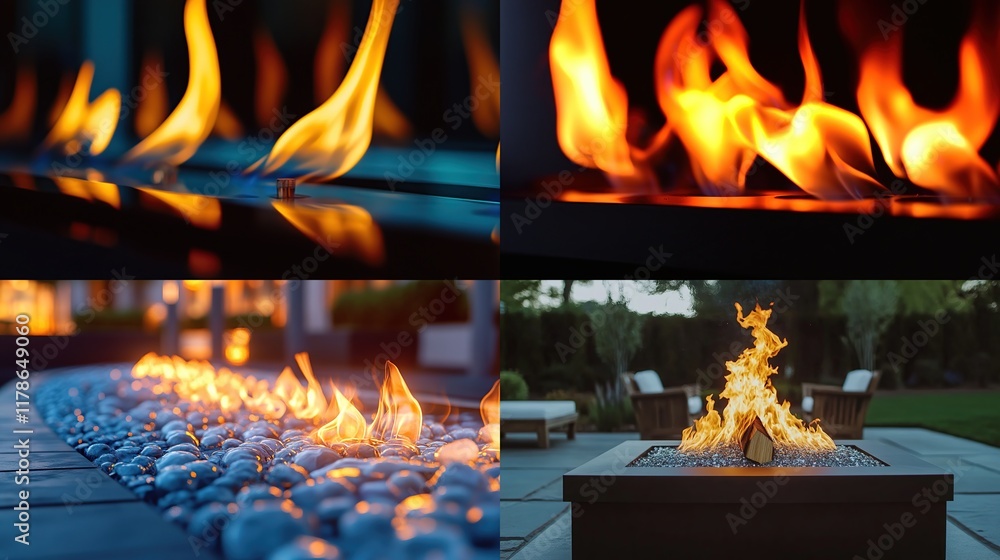 Obraz premium Close-up shots of various fire features, showcasing flames and glowing embers in different settings.