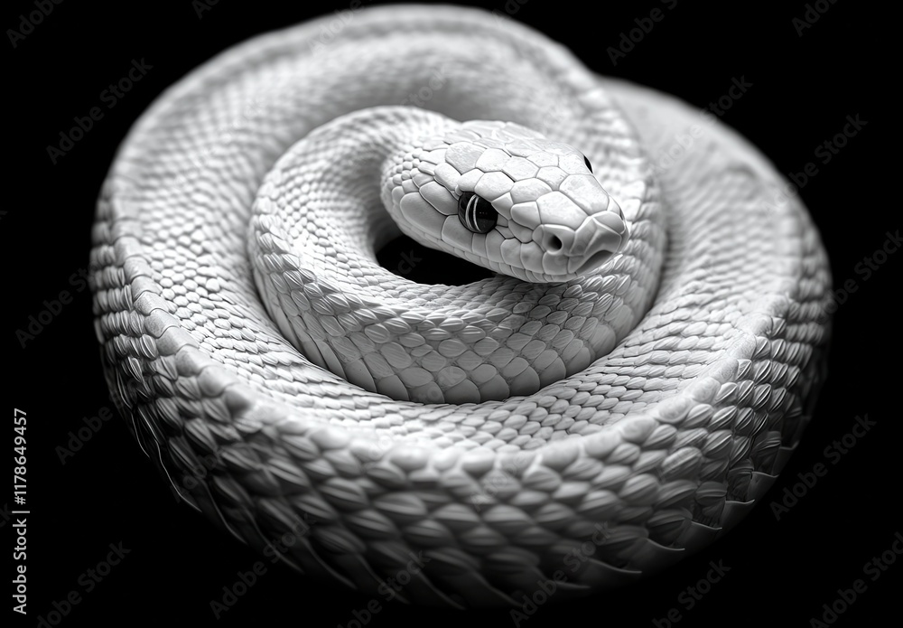 Fototapeta premium Majestic White Snake Coiling Gracefully on a Dark Background, Captivating the Viewer with Its Intricate Scale Patterns and Unique Form