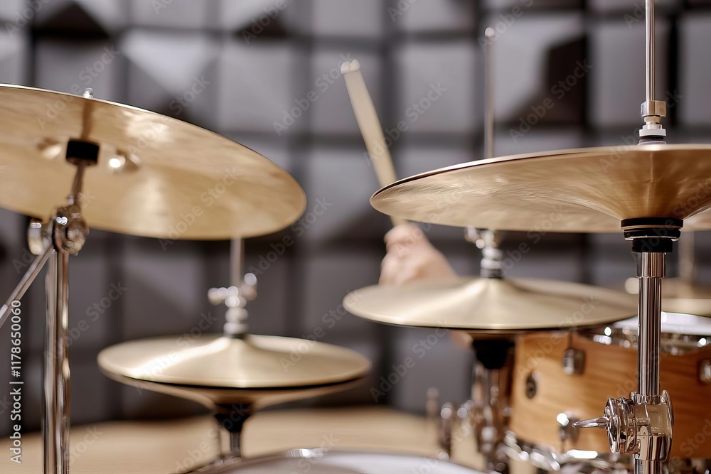 Fototapeta premium Classic drum kit in a studio with warm ambient lighting, rich wood finish, and cymbals gleaming, surrounded by soundproof panels
