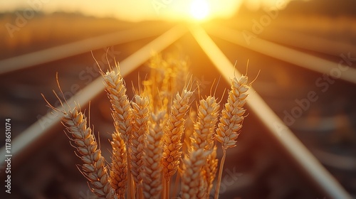 Golden wheat stalks in focus against blurred railroad tracks at sunset. photo