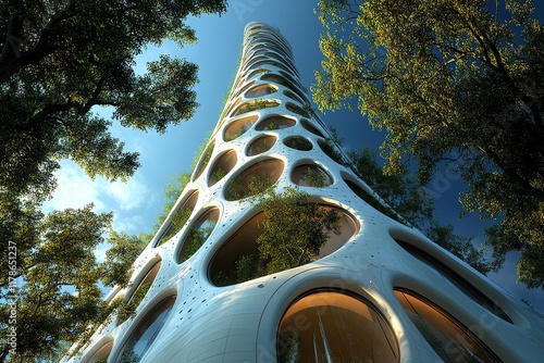 A futuristic, organic-shaped skyscraper with circular windows and green plants growing on the facade. The building reaches up towards a blue sky with clouds, framed by lush green trees. photo