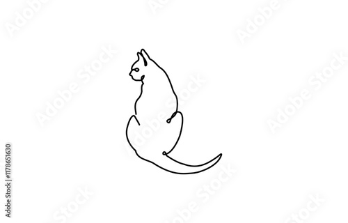 Cat continuous line drawing - cute pet stretching himself with his tail holds high isolated on white background, continuous line drawing of Cat, one line cat shape with active stroke.