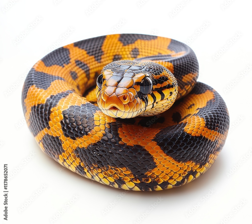 Obraz premium Stunning Close-Up of a Colorful Python Coiled in a Beautiful Pose with Bright Orange, Black, and Yellow Scales on a Soft White Background for Nature Lovers and Animal Enthusiasts