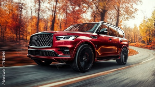 Red SUV driving on a winding autumn road.