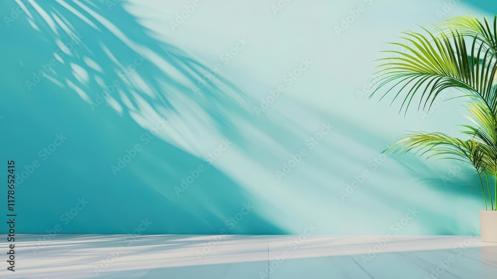 Minimalist concept with palm leaves casting shadows on a serene white background, evoking tranquility and simplicity.