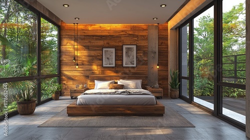 Modern bedroom design with wooden walls and large windows photo