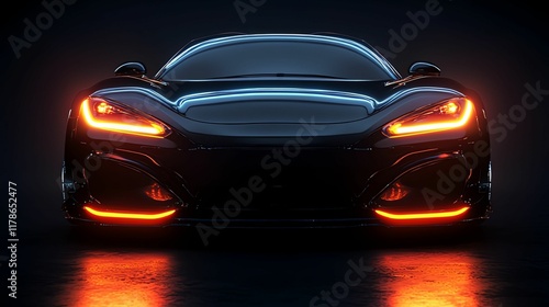 Wallpaper Mural A sleek black sports car with glowing orange headlights, illuminated against a dark backdrop Torontodigital.ca