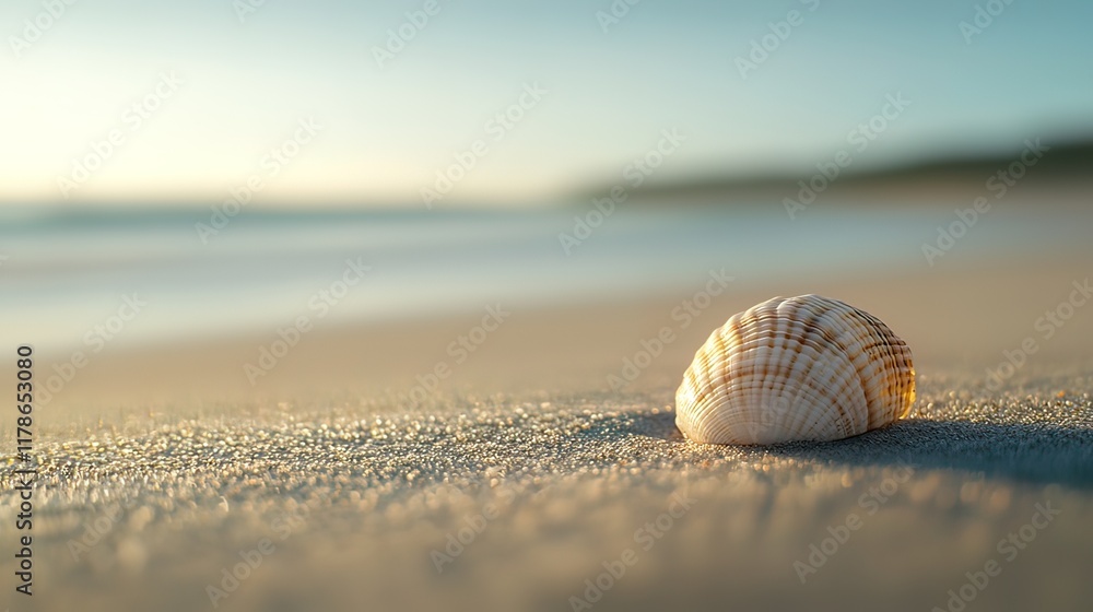 Obraz premium Seashell on sandy beach at sunrise.