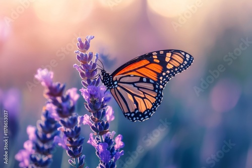 Monarch butterfly resting on lavender flowers photo