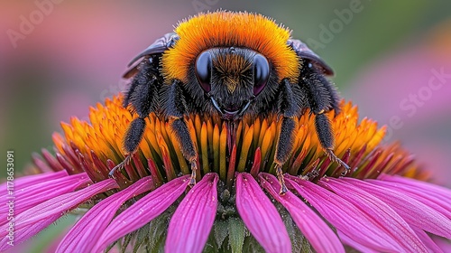 A bumble bee rests on a vibrant pink flower photo