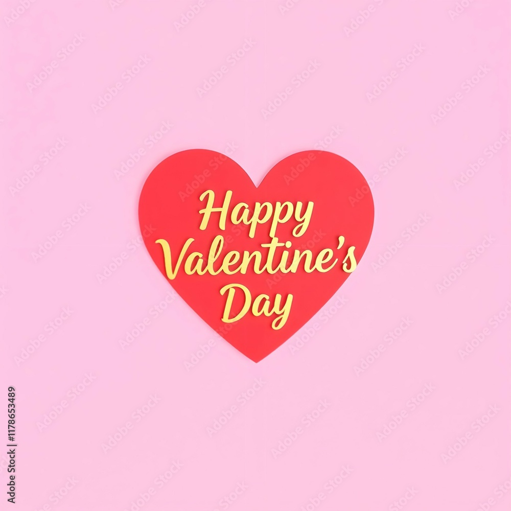 Pink background image, with a red heart shape. There is a golden Happy Valentine's Day Pink background image, with a red heart shape. There is a golden Happy Valentine's Day