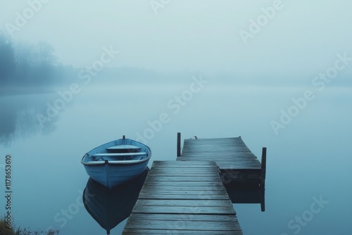 Tranquil foggy lake scene with a wooden dock and boats photo