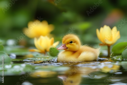 Two yellow ducklings floating on a pond surrounded by green leaves photo