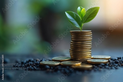 Coin stack with a green seedling sprouting from the top photo