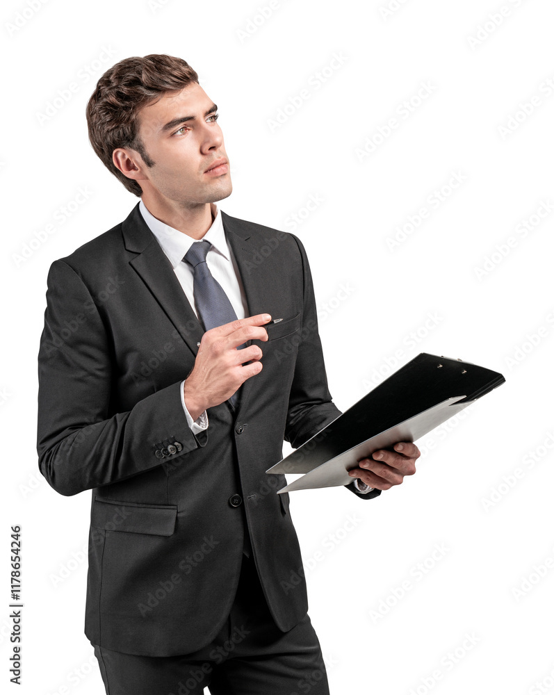A businessman in a suit holding a clipboard and pen while looking thoughtful, isolated on a clean white background. Concept of planning or decision-making A businessman in a suit holding a clipboard and pen while looking thoughtful, isolated on a clean white background. Concept of planning or decision-making