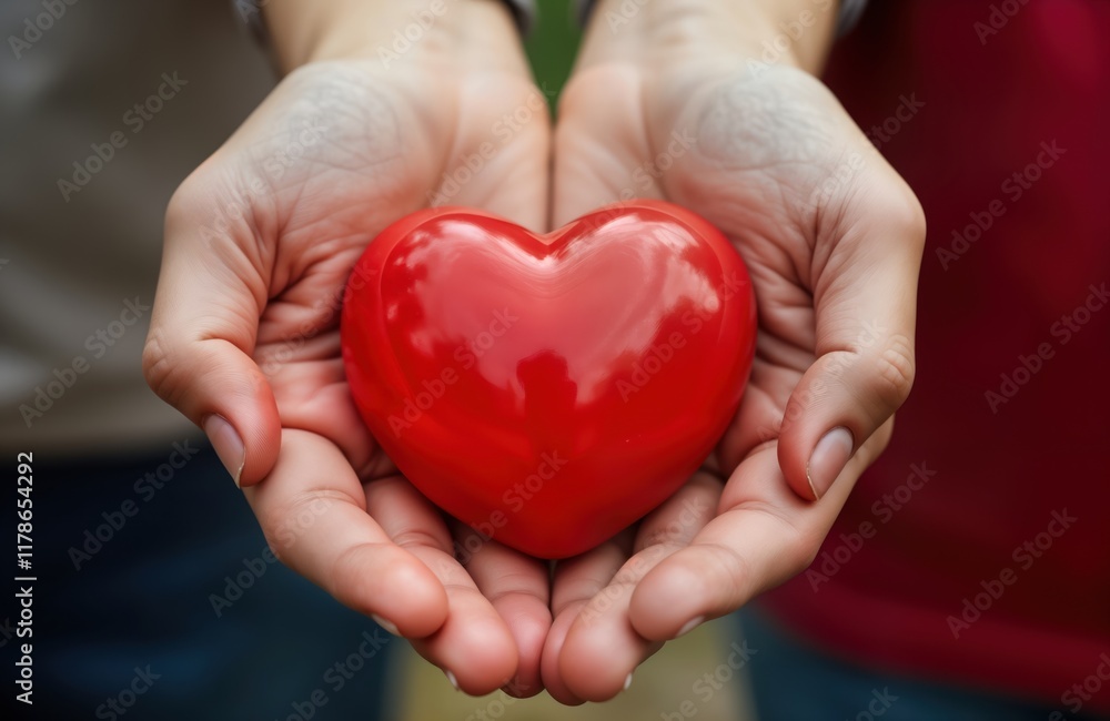 Family holds red heart health care, love. Hands tenderly enclose red heart. Focuses on health theme World Health Day. Suggests care support, hope for healthy lives. Family unit demonstrates Family holds red heart health care, love. Hands tenderly enclose red heart. Focuses on health theme World Health Day. Suggests care support, hope for healthy lives. Family unit demonstrates
