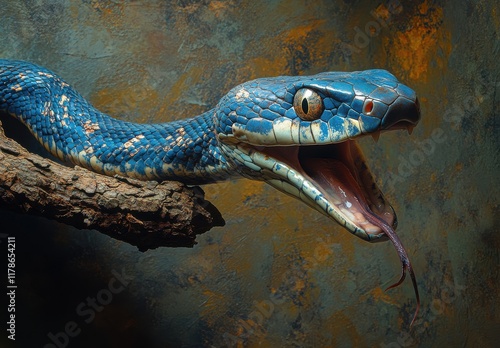 Vibrant Blue Snake with Open Mouth and Flicking Tongue Posing on a Branch Against an Artistic Background of Rich Colors and Textures photo