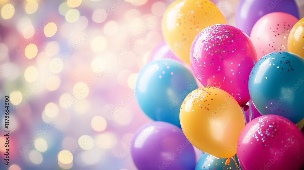 Bright and colorful balloons with glitter details against a soft bokeh background. Ideal for celebrations, birthdays, parties, and festive promotional materials. Bright and colorful balloons with glitter details against a soft bokeh background. Ideal for celebrations, birthdays, parties, and festive promotional materials.