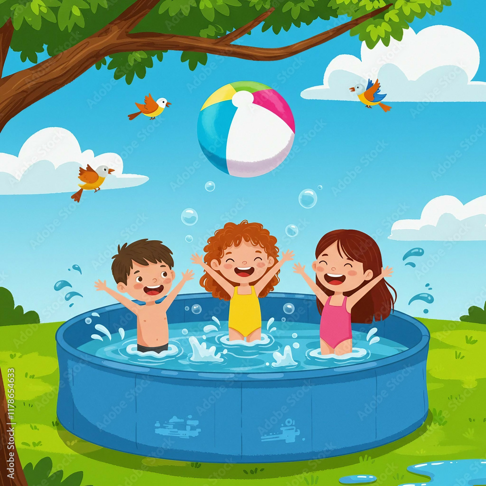 Cartoon illustration of children bathing in an inflatable outdoor swimming pool Cartoon illustration of children bathing in an inflatable outdoor swimming pool