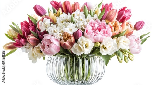 Wallpaper Mural Vibrant spring bouquet of pink, red, and white tulips, peonies, and freesias in a clear glass vase. Torontodigital.ca