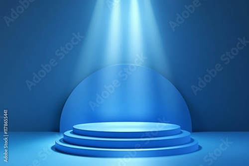 Elegant blue circular podium with spotlight symbolizing presentation, luxury, and modern design photo