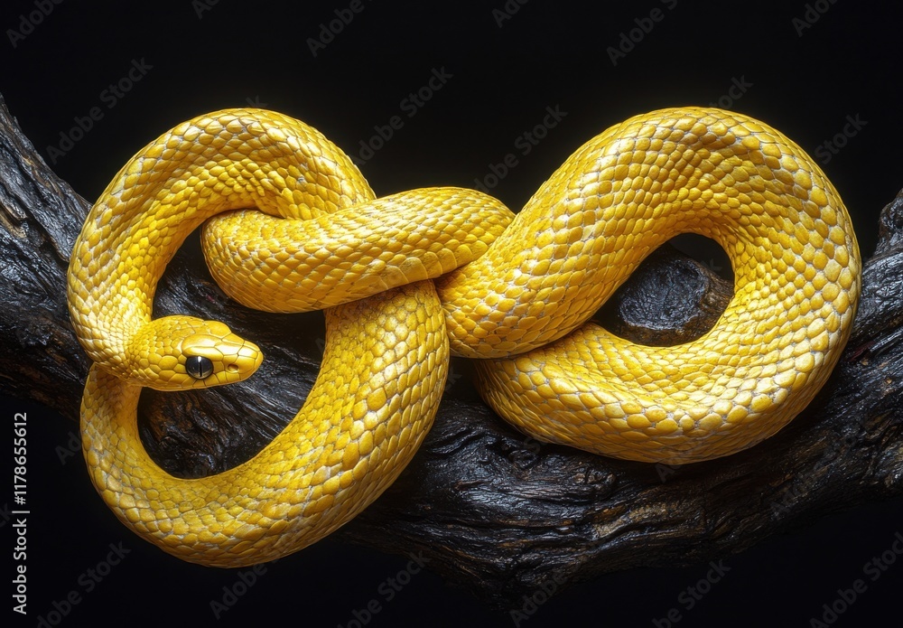 Obraz premium Vibrant Yellow Snake Coiling Gracefully on Dark Background, Showcasing Intricate Scales and Unique Texture in Stunning Macro Photography Style