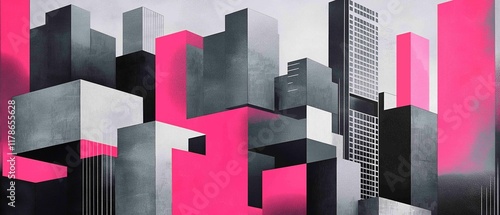 Urban landscape features abstract geometric forms rendered in risograph technique. The design blends urban gray tones with vibrant neon pink, reflecting architectural minimalism