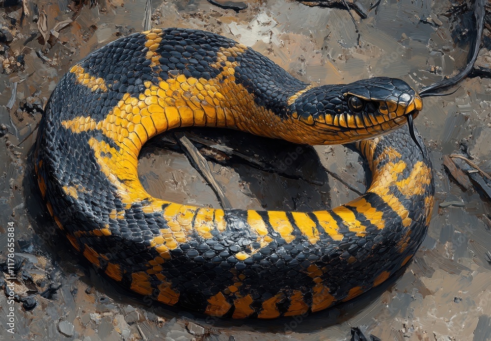 Obraz premium Vivid Black and Yellow Snake Coiled on Ground, Showcasing Unique Scales and Textures in Natural Habitat, Perfect for Wildlife and Nature Photography Projects