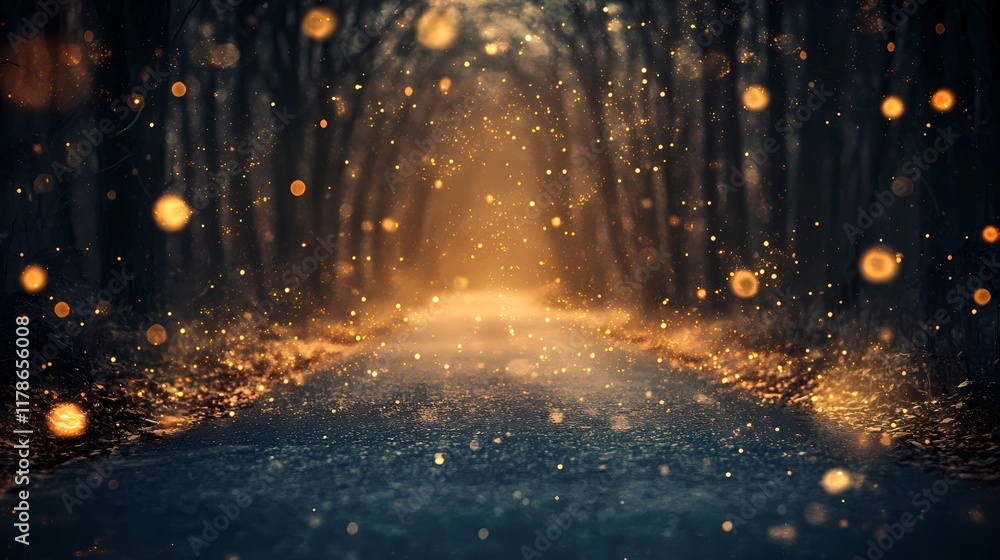 Fototapeta premium Blurred glowing golden light reflecting softly on a snowy forest road creating a peaceful and magical wintertime backdrop