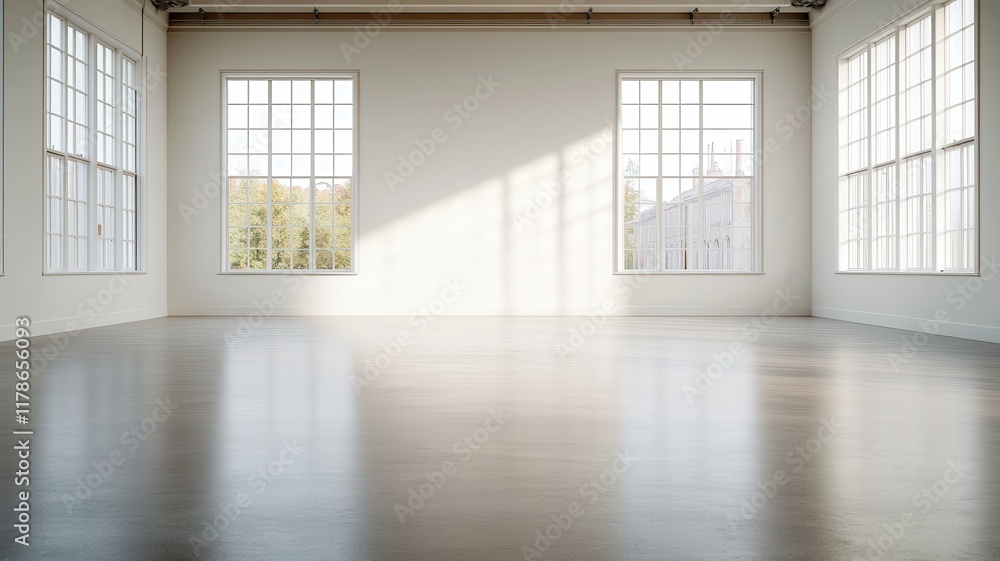 Fototapeta premium A vast, dimly lit, empty studio space with tall ceilings, evoking creativity and inspiration in solitude.