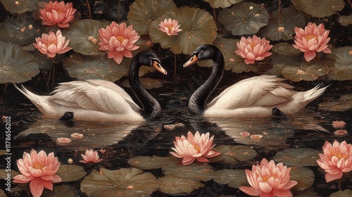 Two black-necked swans facing each other in a pond surrounded by pink water lilies. photo