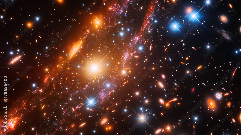 Fototapeta premium A distant galaxy with glowing star clusters and massive planets in view