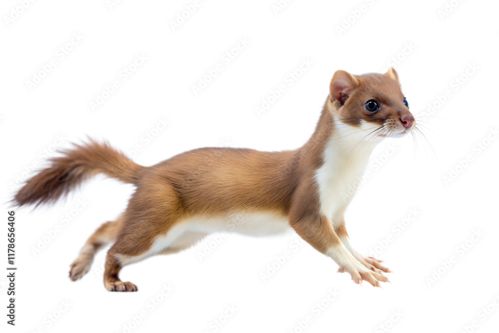Obraz premium Stoat running, isolated on black background